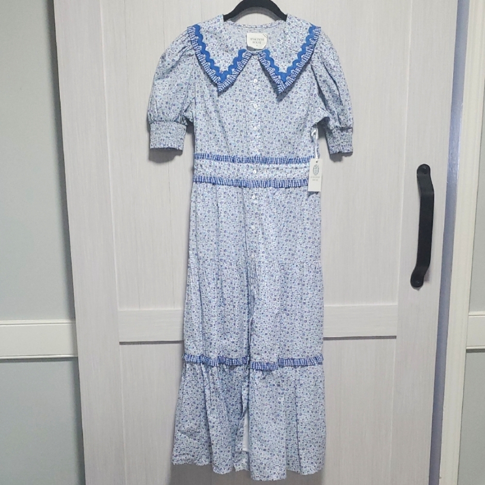 Hyacinth House Vintage modern Blue Floral Dress with Ruffle Details sz XS